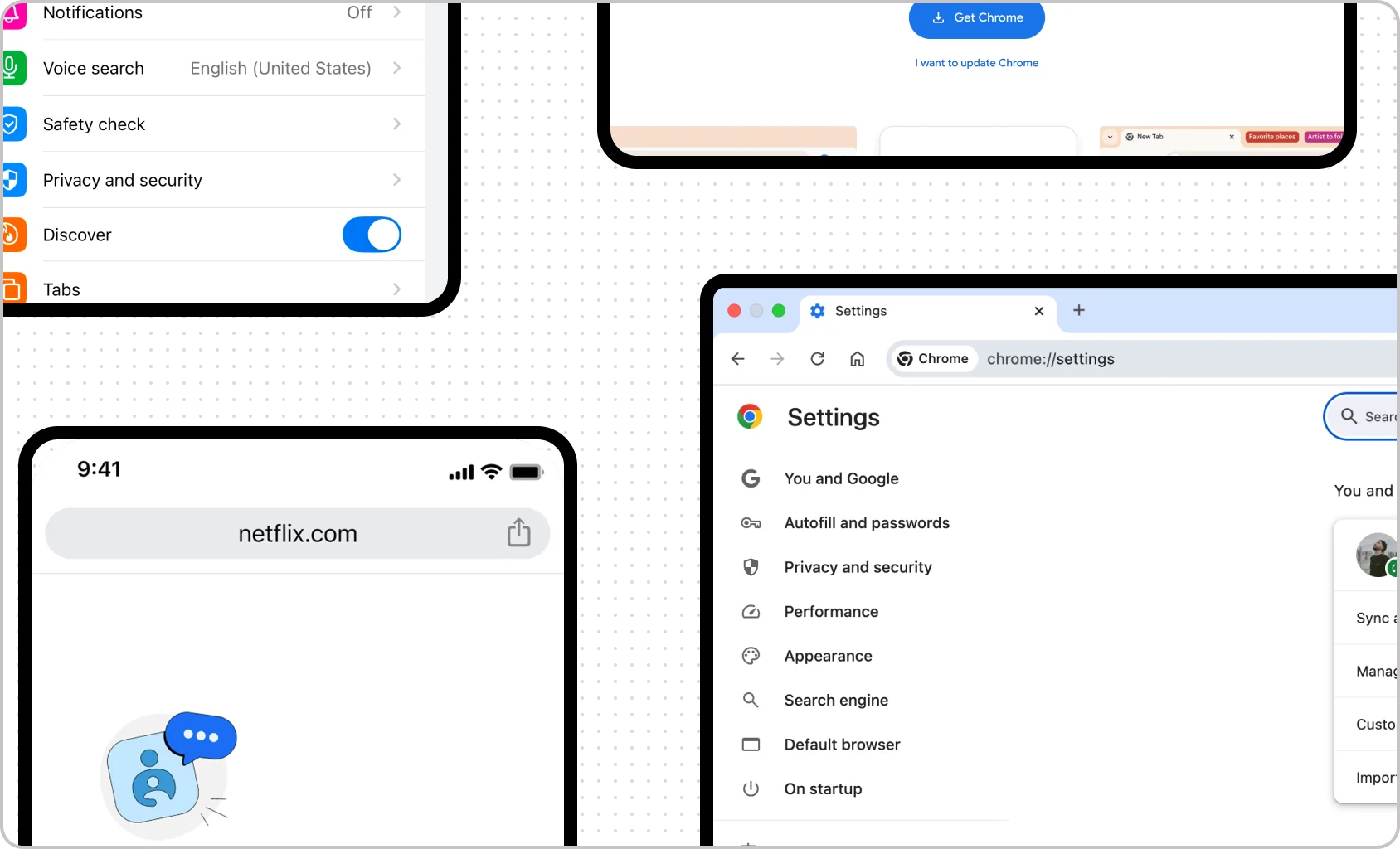 Chrome settings on desktop and mobile, documented on a dotted canvas