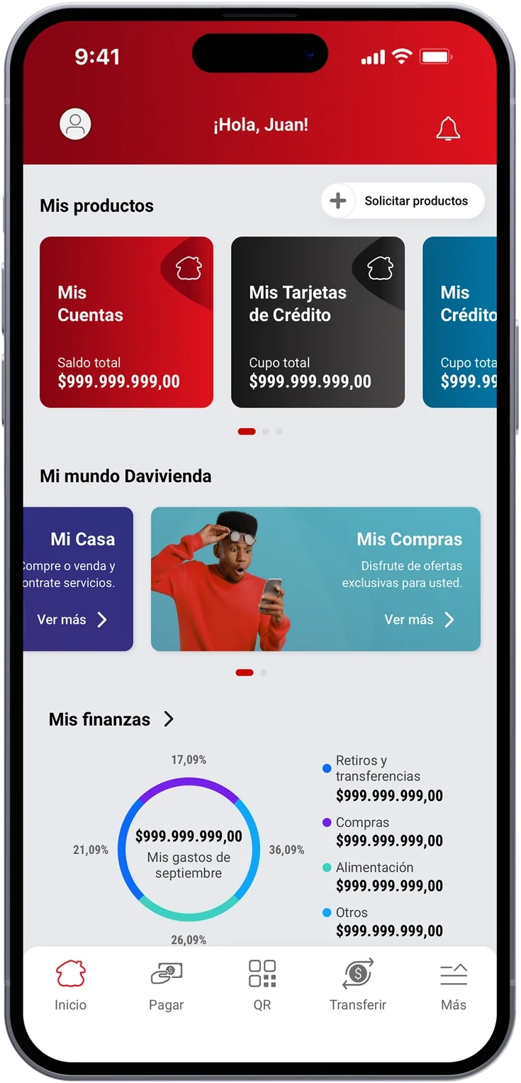 The new Super App home: product cards, Mi mundo Davivienda and a spending breakdown
