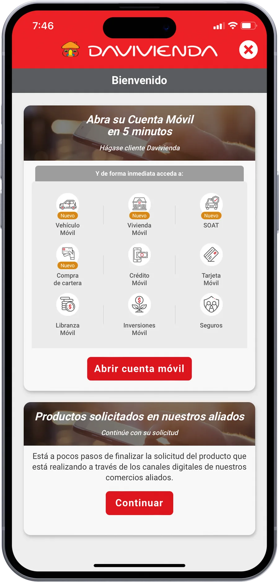 Old Davivienda app: Bienvenido onboarding