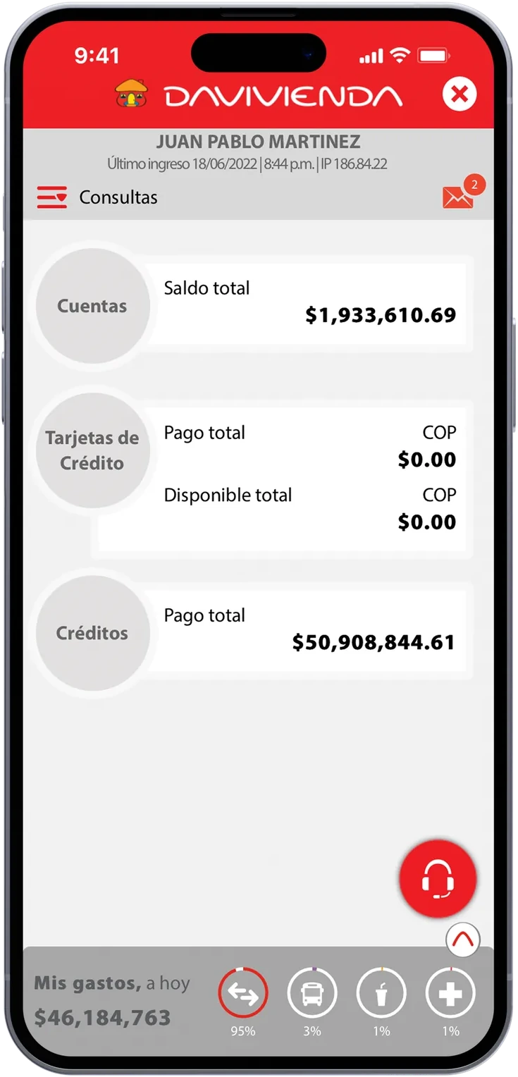 The old Davivienda app: a Consultas screen listing account, credit card and loan totals