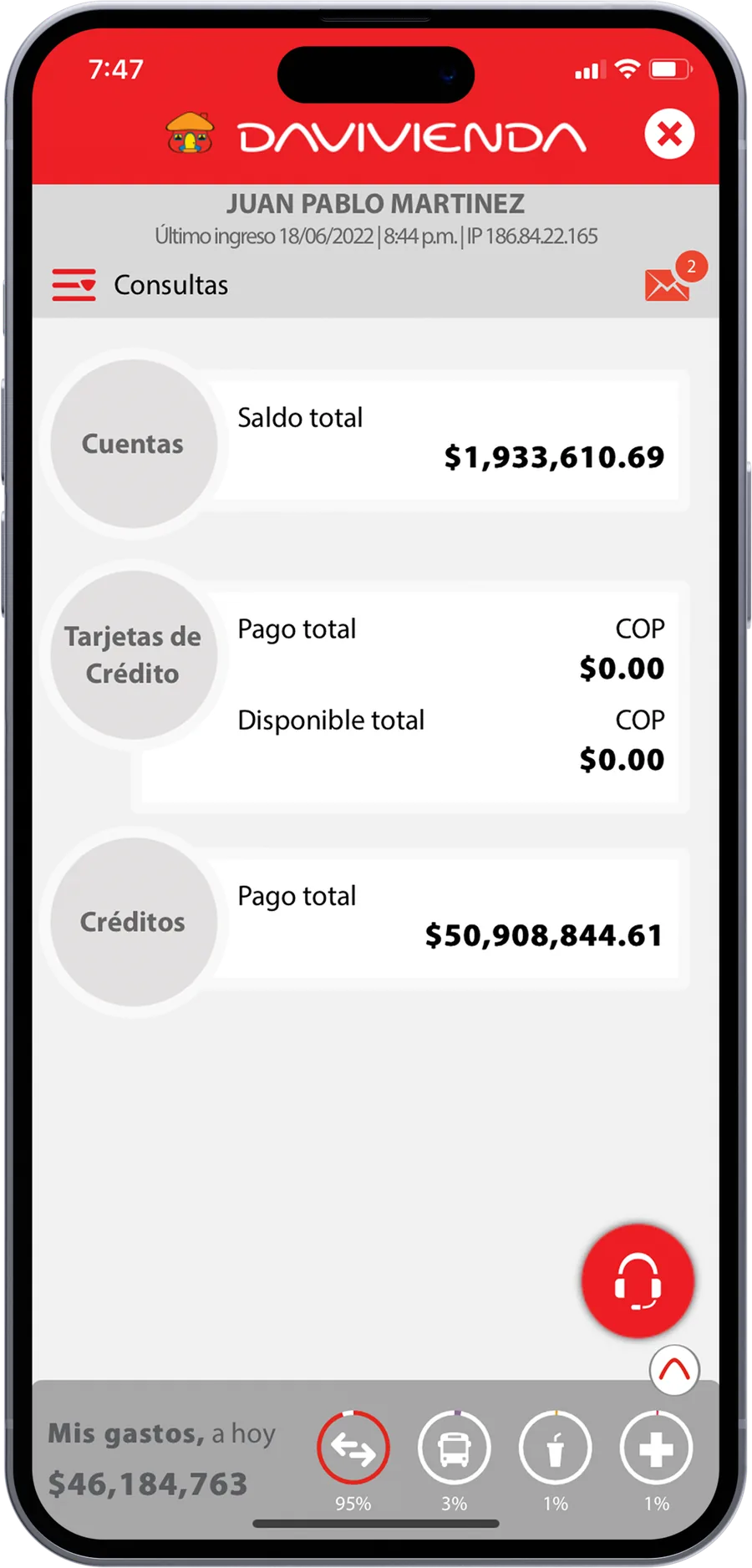 Old Davivienda app: Consultas home