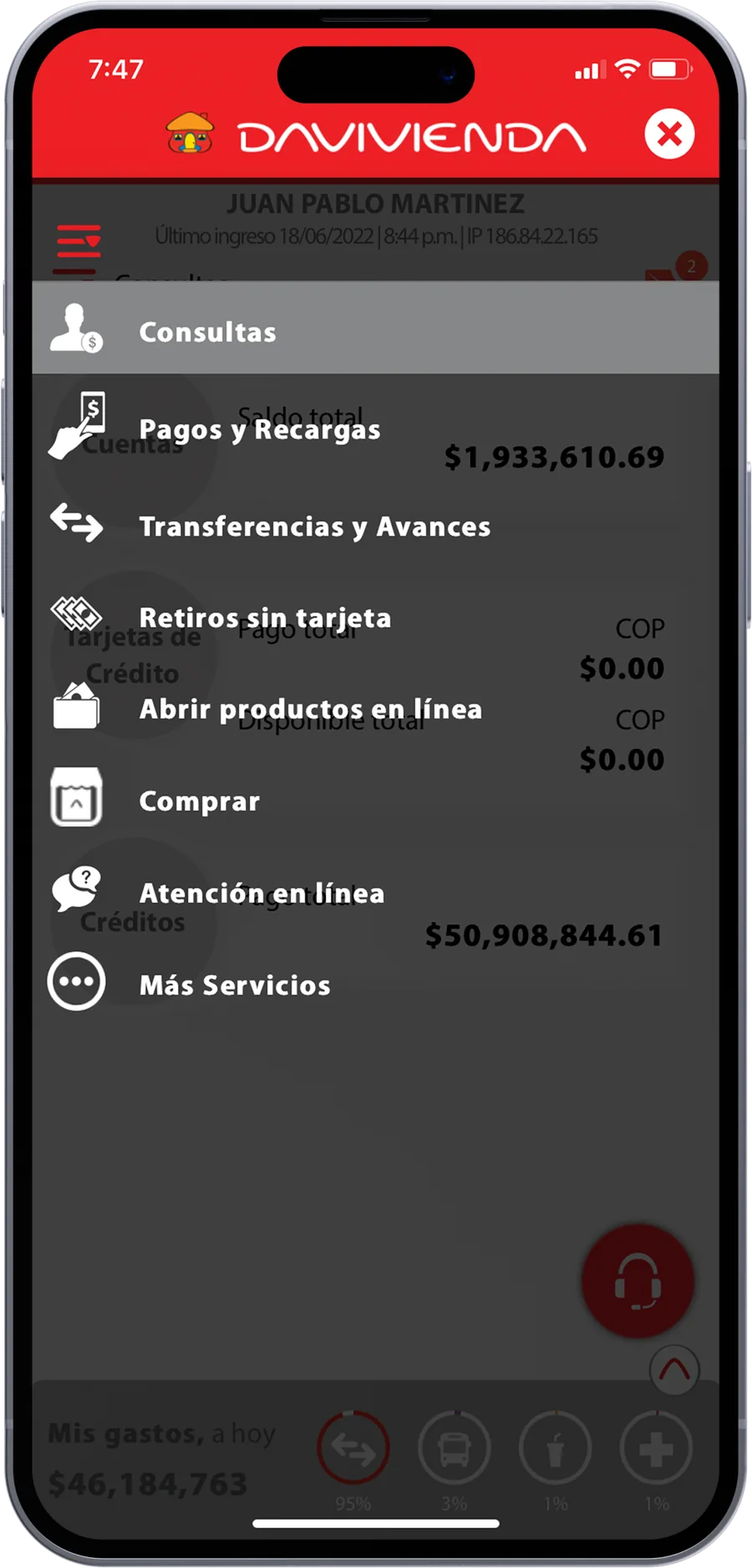 Old Davivienda app: Side menu