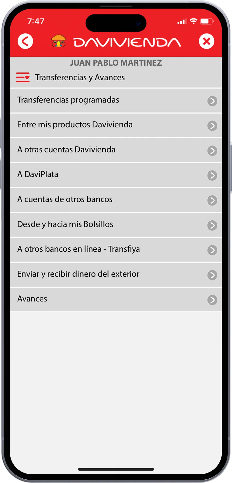Old Davivienda app: Transferencias y Avances