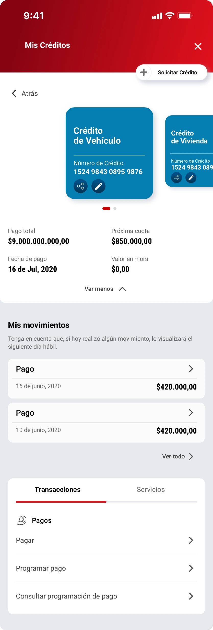 Mis Créditos: vehicle and housing credit detail with payment schedule