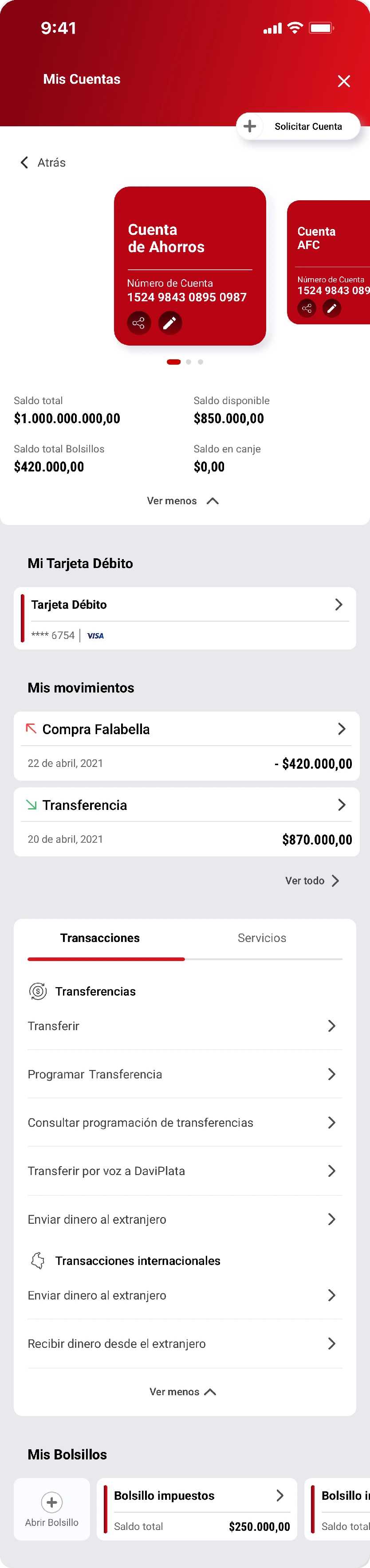 Mis Cuentas: savings account detail, debit card, pockets and movements