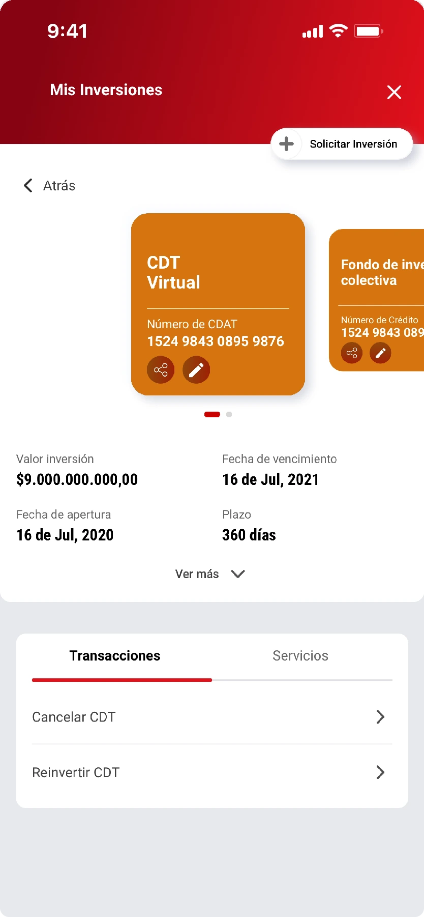 Mis Inversiones: CDT and fund detail with maturity and returns