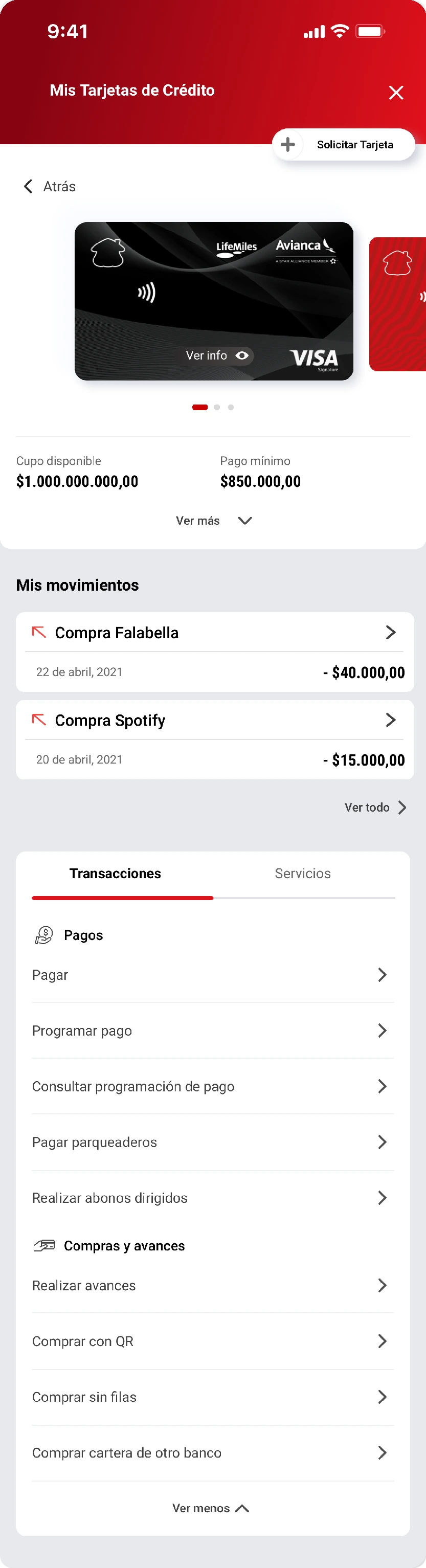 Mis Tarjetas de Crédito: card detail, movements, payments and services