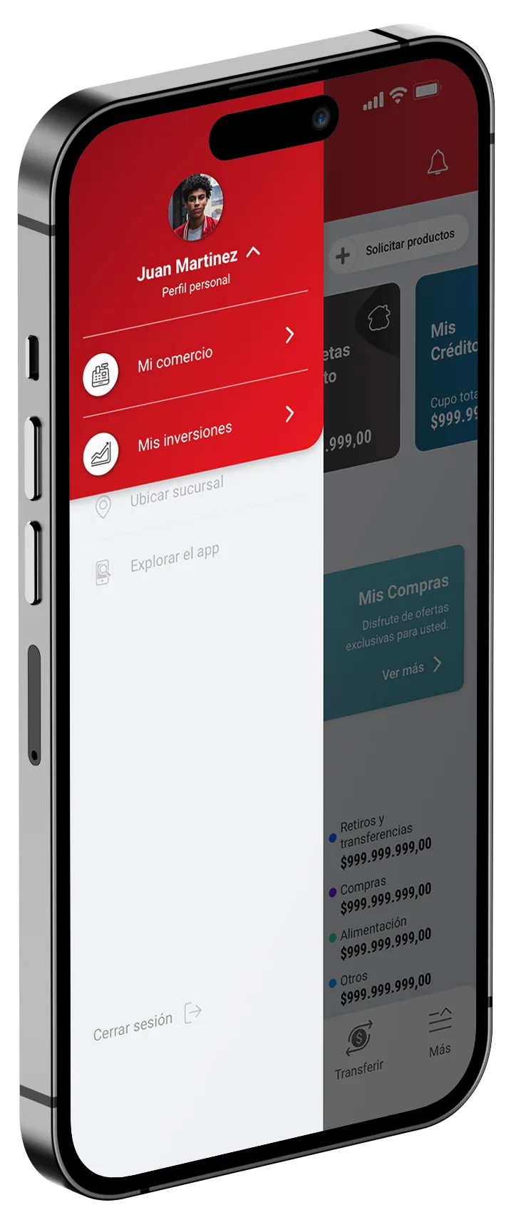 The profile drawer switching between personal, business and investment profiles