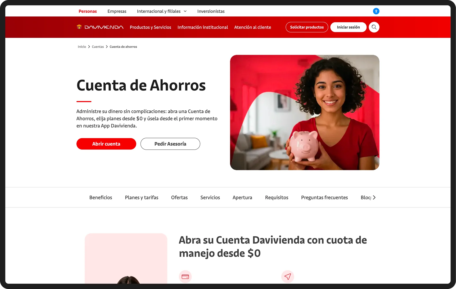 Cuenta de Ahorros product page, built on the single product template
