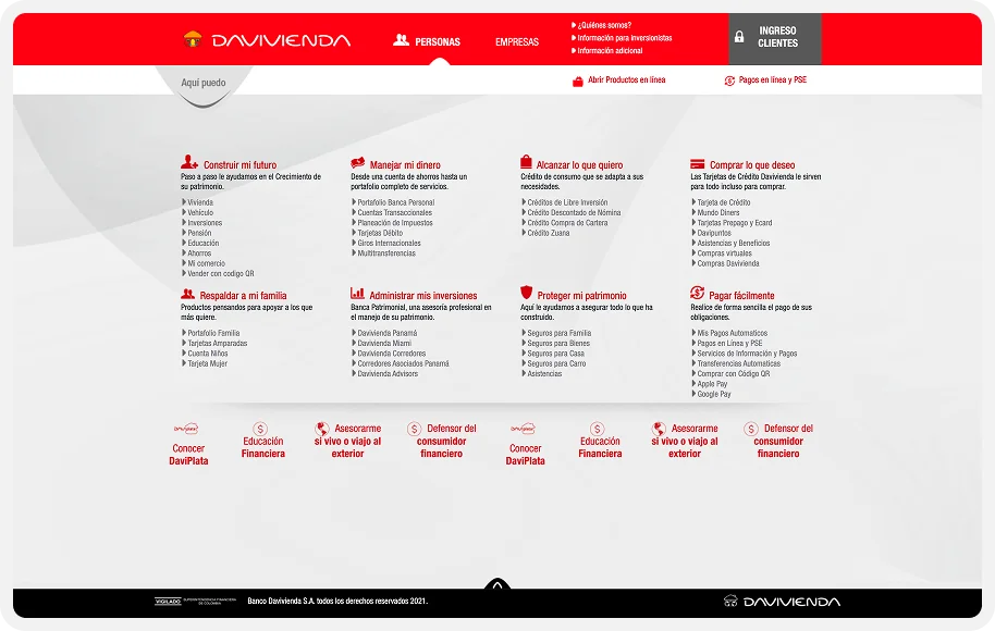 The old davivienda.com: a department-based mega menu with products buried five levels deep