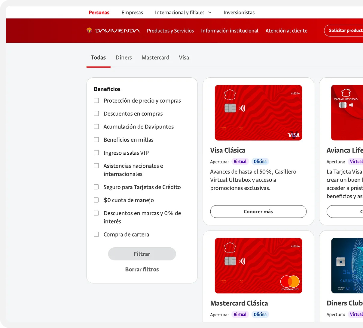 Credit cards catalog with benefit filters