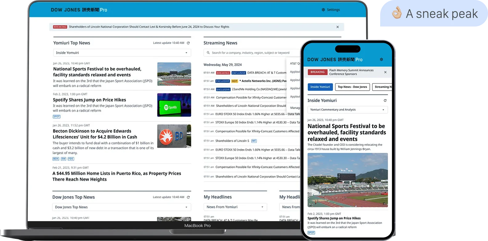 Dow Jones Yomiuri Shimbun Pro on a MacBook Pro and an iPhone