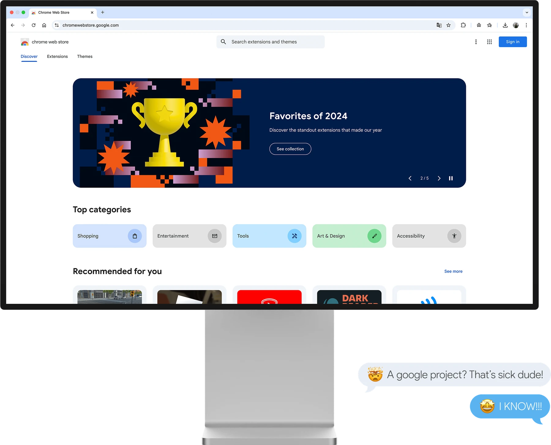 The Chrome Web Store home on a Studio Display, with the Favorites of 2024 banner, top categories and recommendations