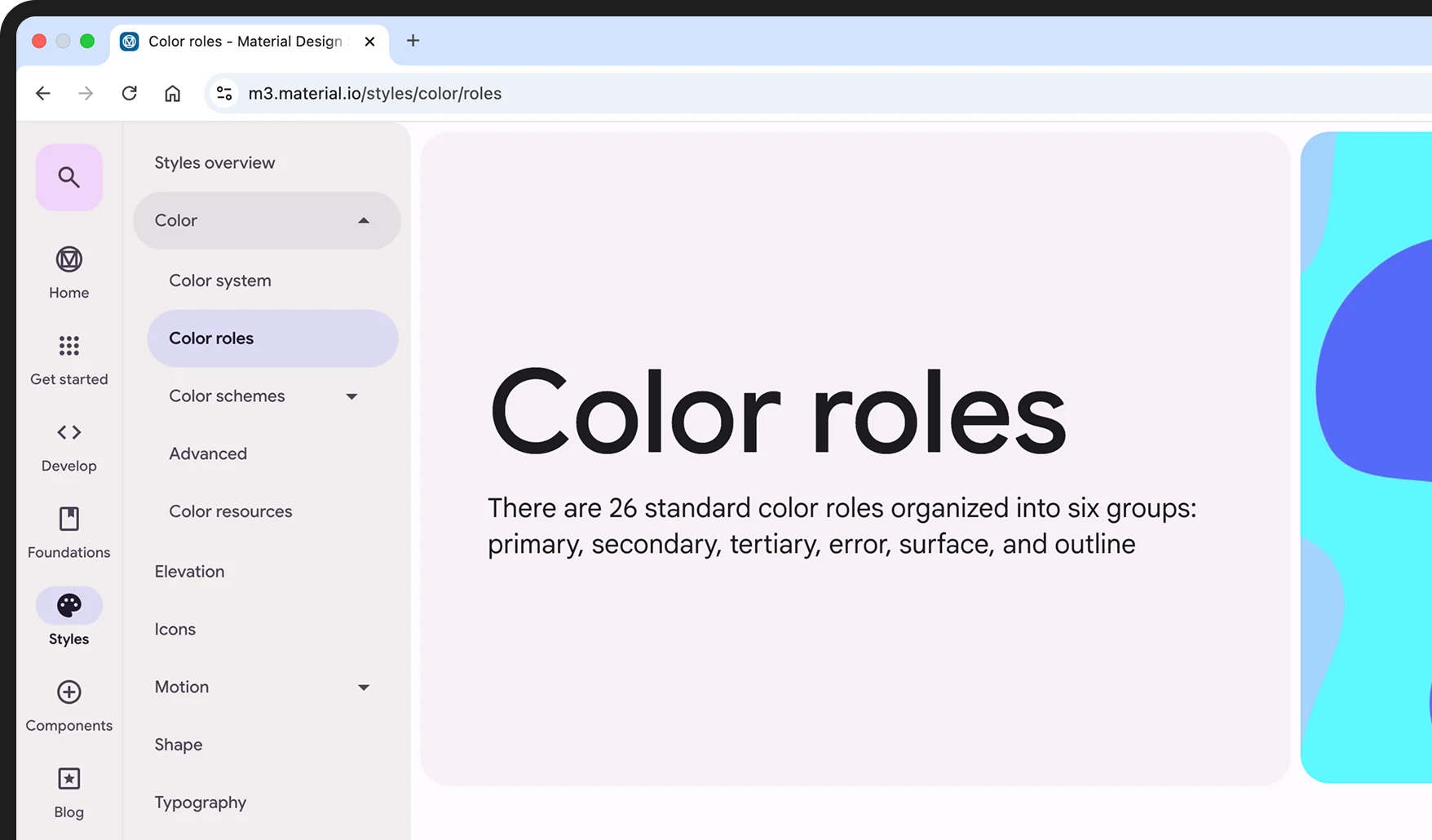 The Material Design 3 color roles documentation page